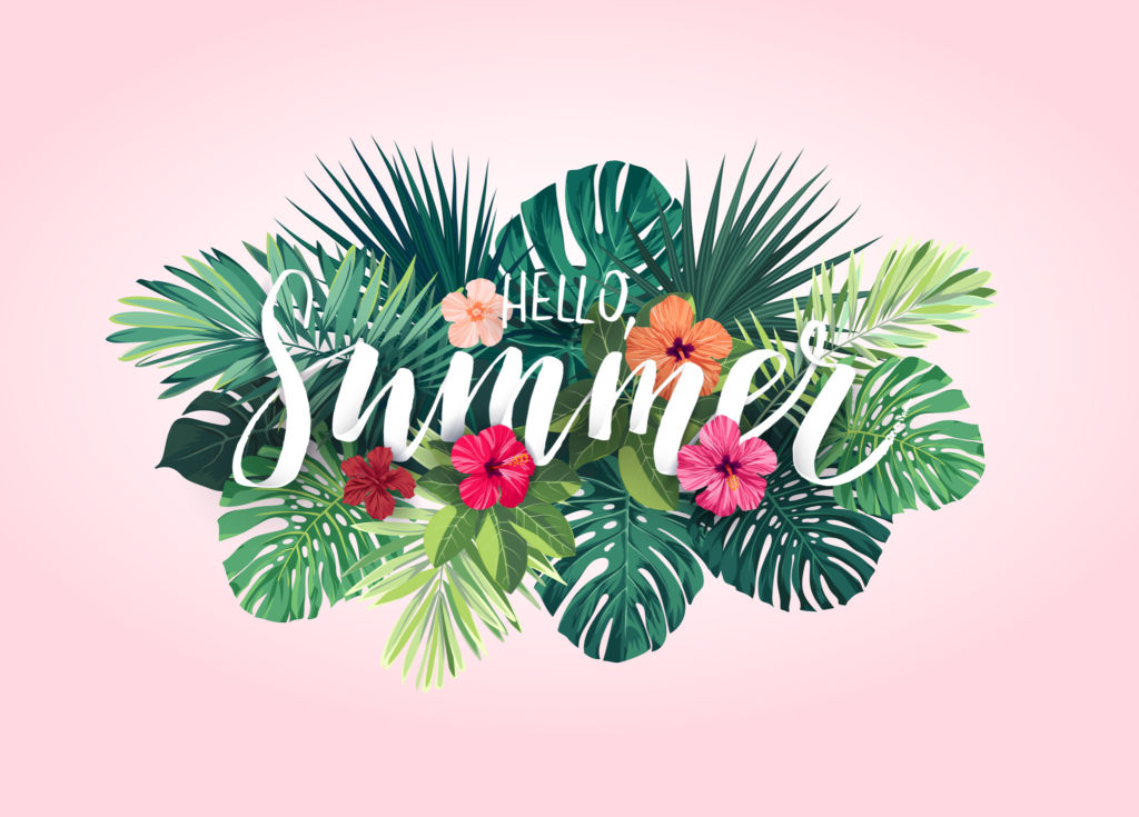 Summer tropical design for banner or flyer with exotic palm leaves, hibiscus flowers and lettering. Vector illustration.