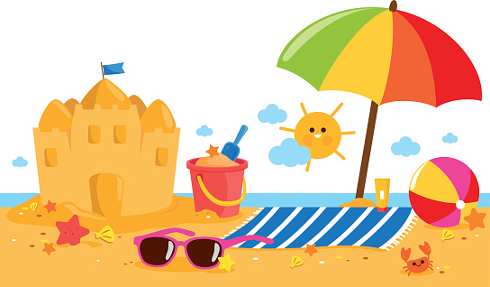 Summer vacation island banner with beach umbrella, towel, a sandcastle and other beach toys.