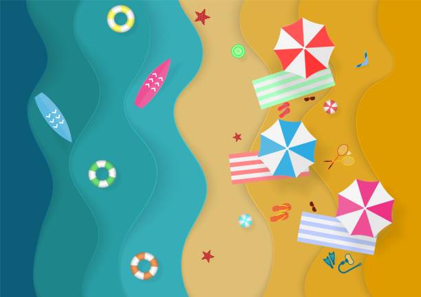 Summer vacation on the beach, top view, sports equipment for games and recreation, paper craft style Summer vacation on the beach, top view, sports equipment for games and recreation, paper craft style, sun beds in the shade under umbrellas. Vector frisbee clipart stock illustrations