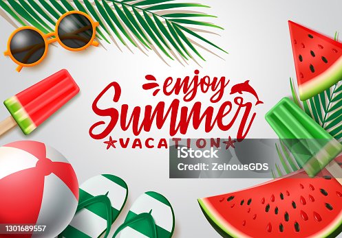 istock Summer vector banner design. Summer vacation text with beach elements and tropical fruits like watermelon and popsicles in white background for holiday season. 1301689557