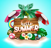 Summer vector concept design background. Summer text in beach island with umbrella and coconut palm tree elements for holiday vacation season. Vector illustration