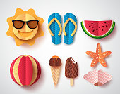 Summer vector elements set with paper cut flat folding style of sun, flipflops ice cream, watermelon and starfish isolated in white background. Vector illustration.