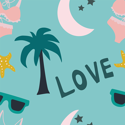Summer vector pattern. Moon with stars, palm tree, glasses and swimsuit. Summer mood.