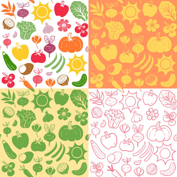 bildbanksillustrationer, clip art samt tecknat material och ikoner med summer vegetables seamless pattern collection - squash sun