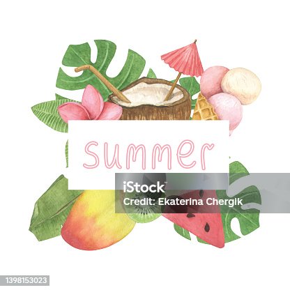istock Summer watercolor frame with food and tropical leaves. Template with fruits and desserts with copy space. 1398153023