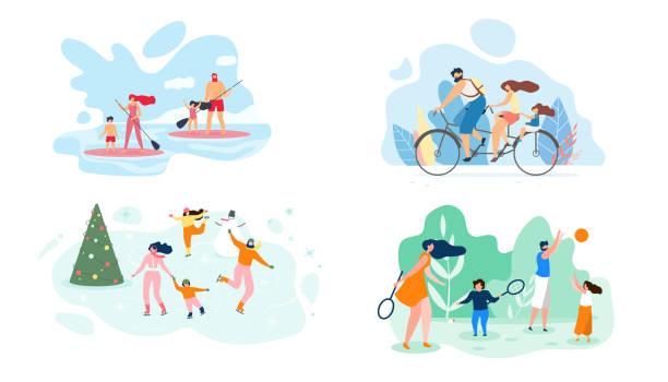 Summer Weekend on River Whole Family Vector Flat Vector Flat Illustration. Set Family Recreation Site Active Different Seasons. Summer Weekend River Whole Family in Canoeing. Winter Driving Ice Active Sports Bambinton Dad and Daughter Playing Ball leisure activity stock illustrations