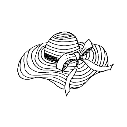 Summer woman straw striped hat with ribbon and bow. Hand drawn vector sketch in doodle realistic style. Concept of beach, suntan, fashion accessory, beauty, wardrobe, romantic figure.