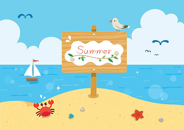stockillustraties, clipart, cartoons en iconen met summer wooden sign with sea background - strandbordjes