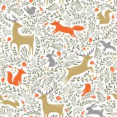 Seamless summer floral pattern with wild animals