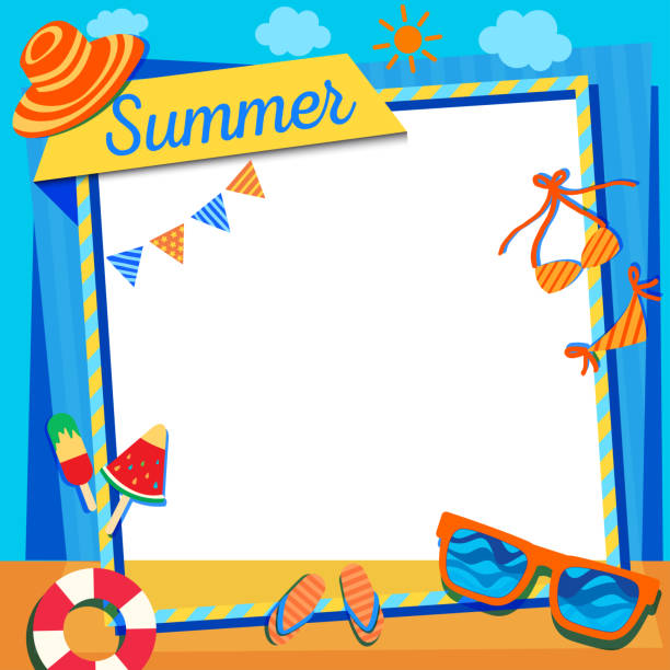 summer-frame-blue-orange Illustration vector of summer frame design with accessories on blue, orange backgroune. summer borders stock illustrations
