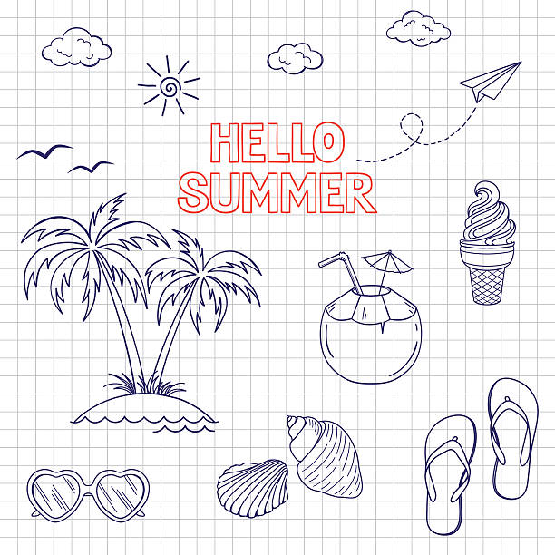 Summertime icons set Set of icons and design elements for summer holidays and beach rest in doodle style beach drawings stock illustrations