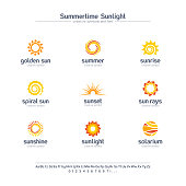 Summertime sunlight creative symbols set, font concept. Spiral sun rays, solarium abstract business pictogram. Summer sunrise, gold star icon