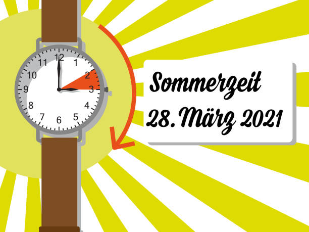 Summertime Timeshift - One hour forward Wrist watch in front of yellow sun - march 28 2021 daylight savings time 2021 stock illustrations