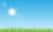 Sun with rays and flares on blue sky. Green grass lawn.