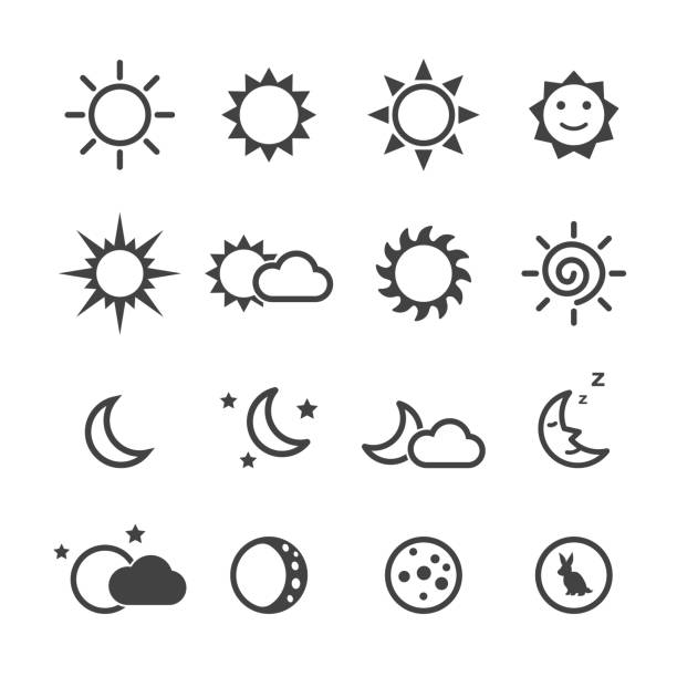 sun and moon icons sun and moon icons, mono vector symbols early morning stock illustrations