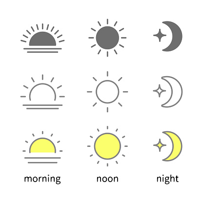 Sun and moon morning day and night time, sunrise and daytime and nighttime vector icon illustration material