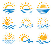 Vector icon set of sun and sea. Hand drawn design elements