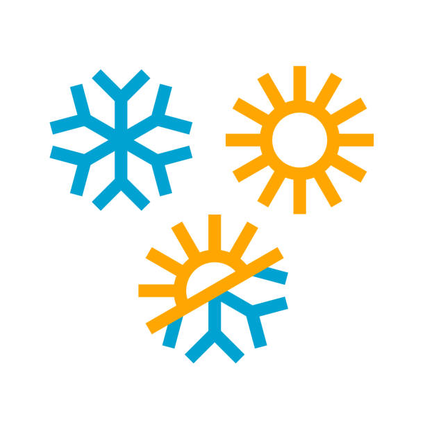 Sun and snowflake icon Sun and snowflake icons in trendy flat style. Winter, summer and demi season symbols isolated on white background. Vector Illustration heat temperature stock illustrations
