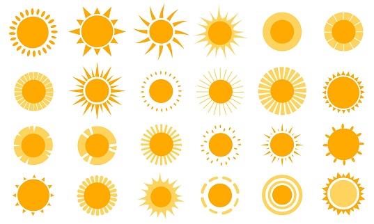 Sun icons. Modern simple seasons signs, summer emblems, sunshine silhouette with different rays style, heat weather symbols. Monochrome yellow solars logos, vector isolated on white background set