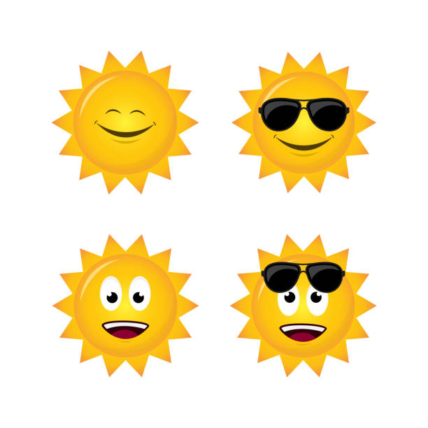 sun isolated white background set sun with emoticons flat style design isolated white background set cartoon sun with sunglasses stock illustrations