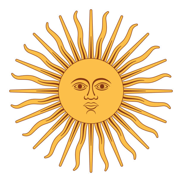 Sun of May, Sol de Mayo, Argentina Sun of May, Spanish Sol de Mayo, a national emblem of Argentina on the country flag. Radiant golden yellow sun with a face and sixteen straight and sixteen wavy rays. Illustration over white. Vector. argentina stock illustrations