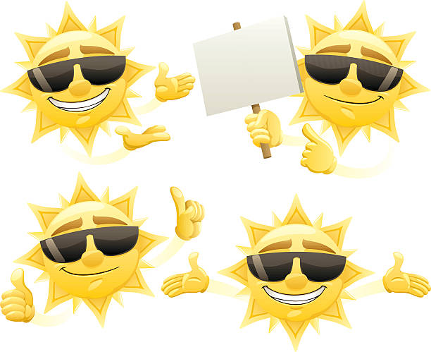 Sun Presenting Cartoon sun presenting something in 4 different ways. cartoon sun with sunglasses stock illustrations