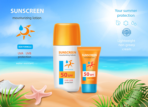 Sun protection sunscreen advertising. Sunblock cream tube on summer beach background