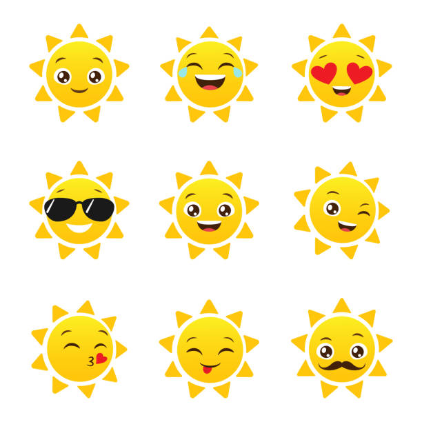 Sun, Smiley face icons or yellow emoticons with emotional funny faces in realistic . emojis .Vector illustration Set of funny sun emoticons for summer design. Happy sun vector emojis cartoon sun with sunglasses stock illustrations