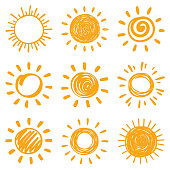Sun, vector design elements. Hand drawn doodle icons set on a white background.