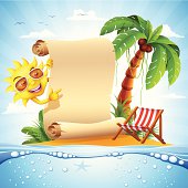 Sun with scroll on tropical island. High Resolution JPG,CS5 AI and Illustrator EPS 10 (with transparency effects) included. Each element is named,grouped and layered separately.