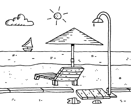 Sunbeds, parasol and beach shower sketch illustration