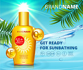 Sunblock ads template, sun protection, sunscreen and sunbath cosmetic products design face and body lotion with Coenzym Q10 and vitamin E on palm beach summer background. SPF and UV protect. vector