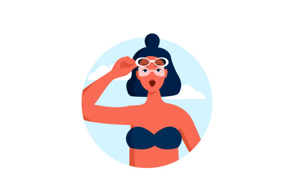 Sunburn vector illustration Sunburn vector illustration. Young woman with red skin after tanning without sun protection, holding  sunglasses. Flat female character with dark blue hair. Round illustration. cartoon sun with sunglasses stock illustrations