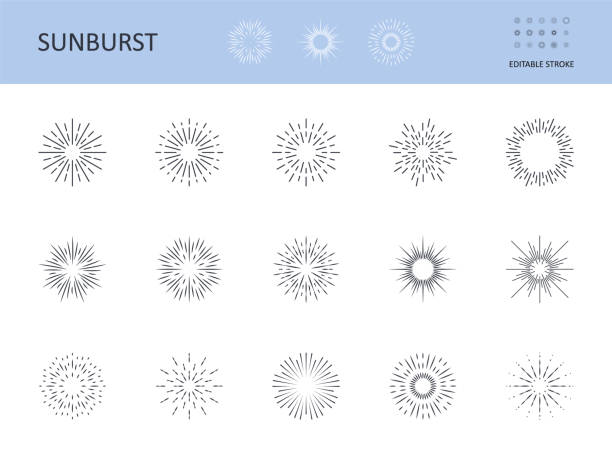 значки sunburst. вектор символизирует солнце лучами. редактируемый штрих. круговой логотип с радиальными линиями. восход солнца, звездообразов - fireworks stock illustrations