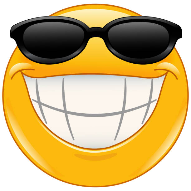Sunglasses emoticon with big smile Emoji emoticon with big toothy smile wearing black sunglasses cartoon sun with sunglasses stock illustrations