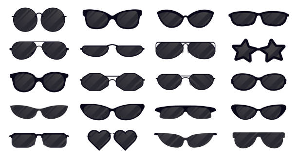 太陽鏡眼鏡。眼鏡剪影,陽光優雅的眼鏡,黑色塑膠眼鏡。太陽鏡頭眼鏡向量插圖圖示設定 - sunglasses 幅插畫檔、美工圖案、卡通及圖標