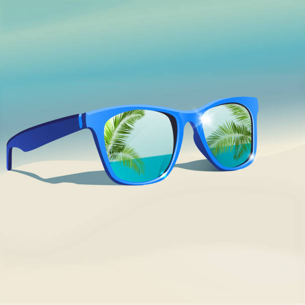Sunglasses reflection The illustration of beautiful sunglasses on the seashore. Vector image. sunglasses stock illustrations