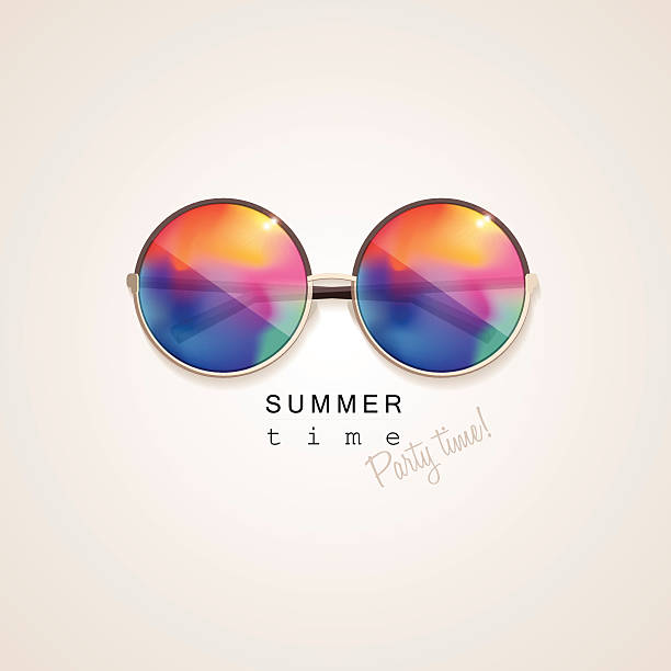 sunglasses with vivid multicolored abstract gradient mesh glass mirrors sunglasses with vivid multicolored abstract gradient mesh glass mirrors isolated on light background with summer time, party time lettering typography sunglasses stock illustrations