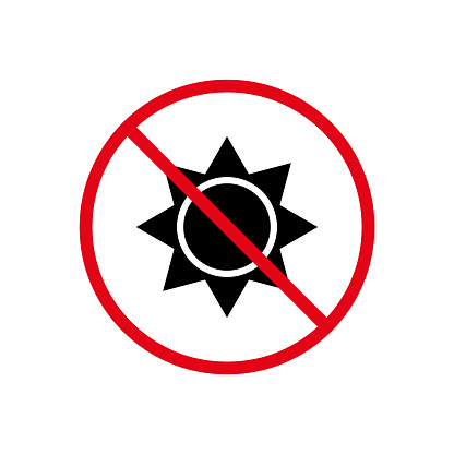 Sunlight Ban Black Silhouette Icon. Forbidden Summer Sun Light Pictogram. Caution Sunshine Red Circle Symbol. Warning No Sun Ray Radiation Prohibited Sign. Block UV. Isolated Vector Illustration