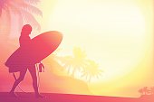 The surfer girl at the beach against the sun. Pink Surfer Silhouette on a background with sunlight effects. The Size of illustration is 200x300 mm or 2 to 3 proportionally. Eps 10. Horizontal orientation. This file contains transparency effects, gradient fills.