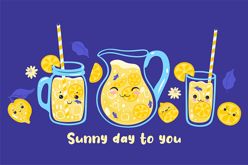 Sunny day to you. Postcard with kawaii lemonade. Vector graphics.