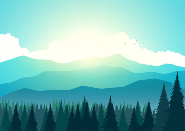 Sunrise at the mountain vector art illustration