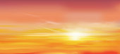 istock Sunrise in Morning with Orange,Yellow and Pink sky, Dramatic twilight landscape with Sunset in evening, Vector mesh horizon Sky  banner of Sunset or sunlight for four seasons background 1318493941
