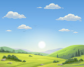 Vector illustration of a sunrise over a beautiful rural landsapce with trees, bushes, hills and green meadows. Illustration with space for text.
