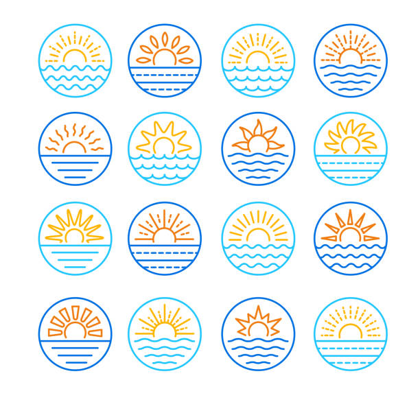 Sunrise over sea. Sunset over ocean. Summer round labels, emblems with sun & waves. Set of line signs for travel & tourism. Colorful vector illustration Sunrise over sea. Sunset over ocean. Summer round labels, emblems with sun & waves. Set of line symbols, signs for travel & tourism. Colorful vector illustration adventure clipart stock illustrations