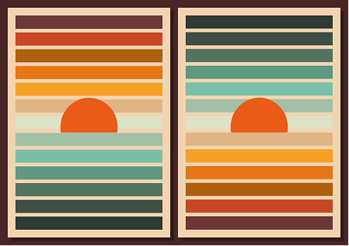 1970s Style Poster Set. Abstract Geometric Landscapes with Sunset,Sunrise and Waves in Orange and Blue Gtadient Colors. Retro Groovy Seventies Wall Decor. Vector Illustration. Flat Minimalist Design.