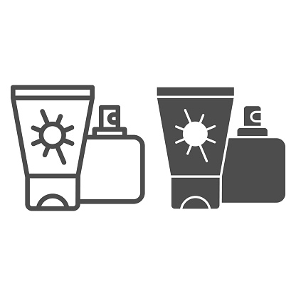Sunscreen and spray line and solid icon, Aquapark concept, Sun cream containers sign on white background, Sun protection cream and spray icon in outline style for mobile, web design. Vector graphics
