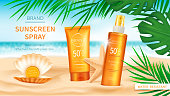Sunscreen cosmetics on sea or ocean background with sandy beach, shell and starfish, green palm and monstera leaves, realistic vector. Cosmetic spray with SPF protection on tropical background