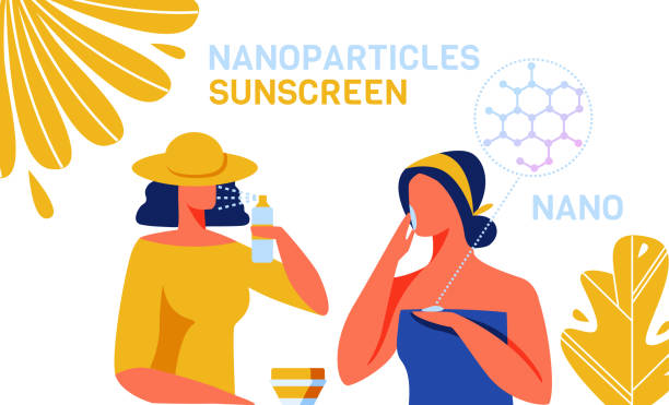 Sunscreen Skincare Products with Nanoparticles Sunscreen Skincare Products with Nanoparticles Advertisement. Cartoon Woman Customers Characters Using New Beauty Protective Products with Nano UF Filter Ingredients. Vector Flat Illustration sunscreen stock illustrations