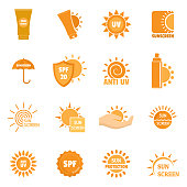Sunscreen sun protection symbol icons set. Flat illustration of 16 sunscreen sun protection symbol vector icons for web